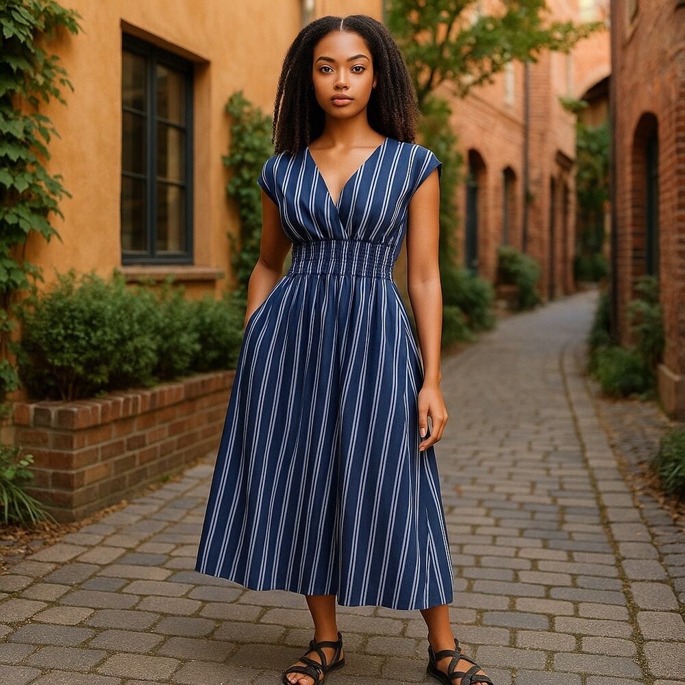 Navy Blue Striped Dress Midi A Line Universal Thread Ruched Coastal Size Large